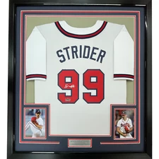 Framed Facsimile Autographed Spencer Strider 33x42 White Reprint Auto Jersey