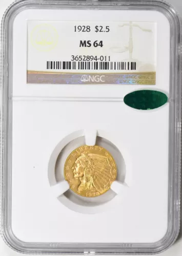 1928 INDIAN HEAD $2.5 QUARTER EAGLE GOLD NGC MS64 CAC