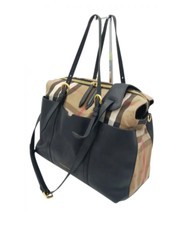 Burberry Haymarket Print Linen  Black Leather Zip Top Closure DIAPER/TRAVEL Bag