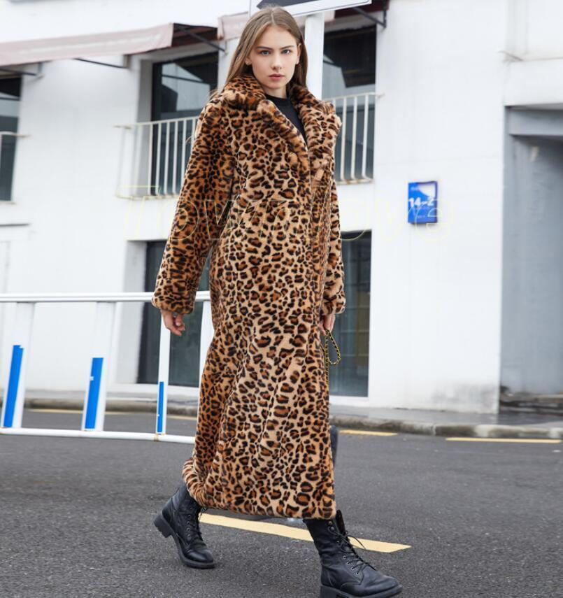 Women's Long Leopard Hooded Faux Fur Overcoat Winter Warm Luxury
