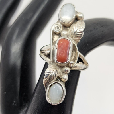Jefferson James Navajo Mother Of Pearl & Coral Sterling Silver Ring Size 6