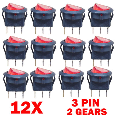 12PC For SPST 3 Pin ON/OFF Round Rocker Switch With Red Neon Lamp 10A/125VAC