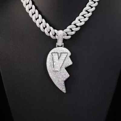 3 Ct Baguette Round Natural Moissanite Custom Broken Heart Letter Pendant Silver