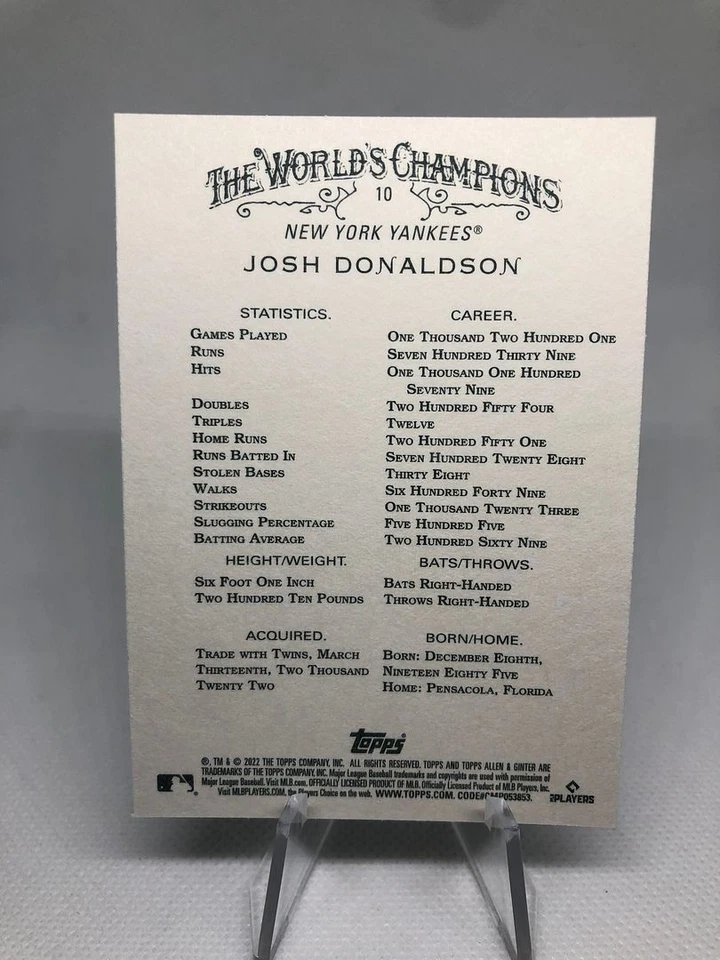 Josh Donaldson 2022 Topps Allen & Ginter X Card #10 Yankees - Image 2 of 2