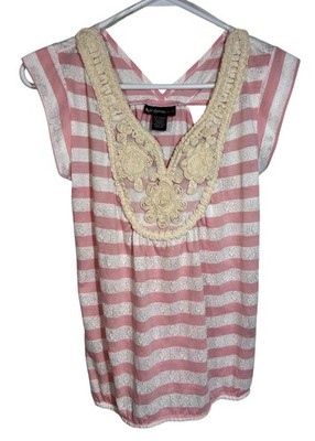 Self Esteem Pink & White Striped Top Lace Embellished V-Neck Open Back Size M
