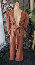 Vtg "10 Hours Of Fashion" Faux Leather Pleather 2 pc Pant Suit 70s 80s Brown M