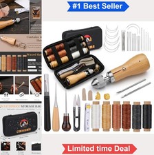 Sewing Awl Kit 40 Pieces Leather Waxed Thread Needles Wood Handle Storage Bag