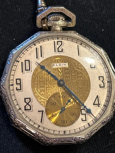 Vtg Antique Elgin 14k White Gold Plate Octagonal Pocket Watch RUNNING!