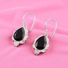Natural Black Onyx 925 Sterling Silver Bezel Elegant Wife Dangle Drop Earrings
