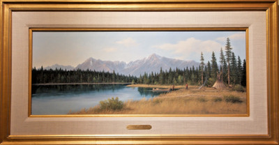Original Gene Speck Oil Painting  ''Alpine Lake'' 12 x 30  unique size - perfect