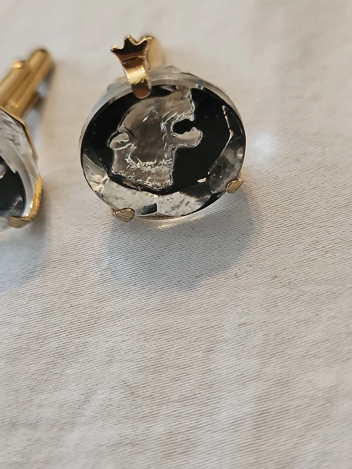 Raro Vintage SWANK Grueso Cristal Pantera sobre Fondo Negro Gemelos 1 Daño Foto 2 de 4