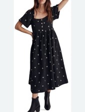 Madewell Midi Dress Black Cotton Gauze Button Pockets Classic Boho Square Neck
