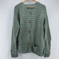 Crochet Handmade Chunky Knit Cardigan Sweater Teal Green Granny Cottagecore