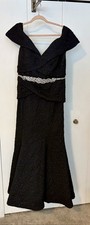 Black Off Shoulder Floral Jacquard Formal Gown Beaded Accents Sleeveless Zip