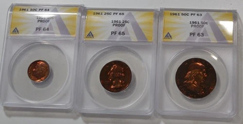 Set of three, 1961 Proof Half, Quarter, Dime ANACS * Magenta Toning 2-sided