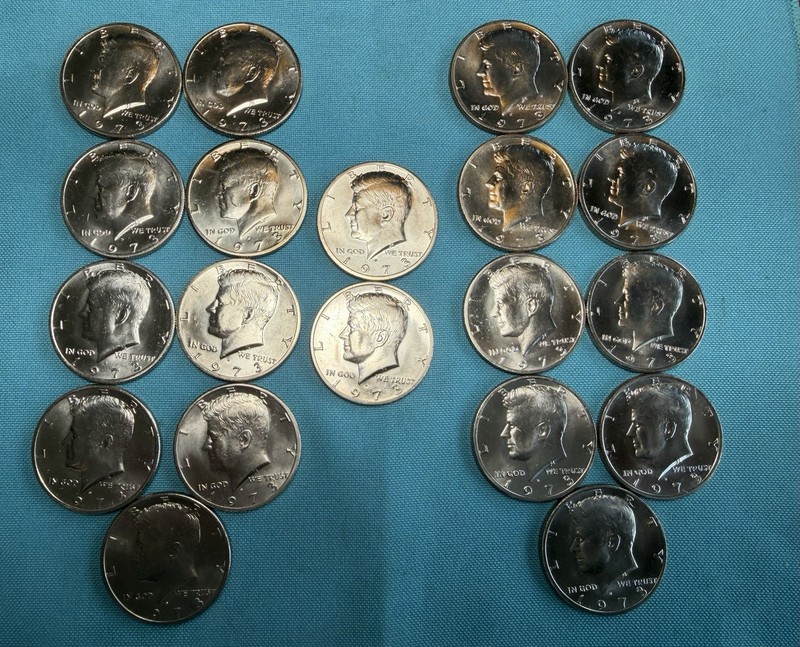 (20) 1973 D Kennedy Half Dollars-BU Each In a Clear 2x2 Holder. Well Preserved