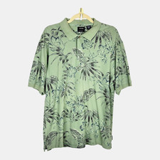 Izod Mens 2 Button Tropical Polo Shirt Small Green Cotton Pique Floral Hawaiian