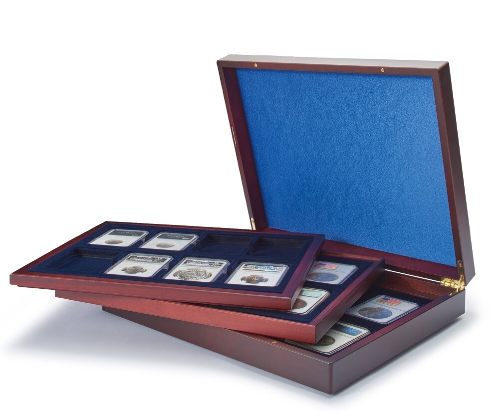Lighthouse Deluxe Slab Display Case - Holds 24 PCGS / NGC Certified Coins, Mahogany Finish, Magnetic Lock