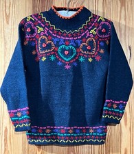 VTG GRAND Blue Multicolored Mock Neck Sweater Hearts Girls Sz 14