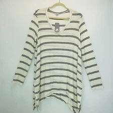SPLENDID Womens Large Cream Navy Striped Pullover Long Sleeve V-Neck Tee Shirt 