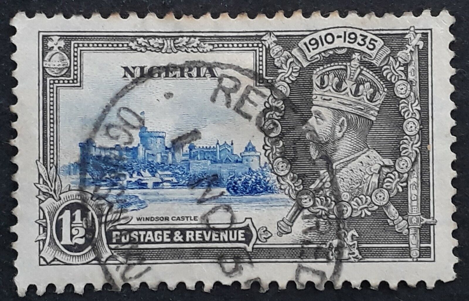 1935 Nigeria 1 1/2c Silver Jubilee KGV stamp cancelled Ogwashi-U