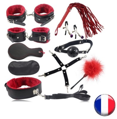 Kit Bondage BDSM Professionnel 12 Pièces - Rouge, En Simili, Réglable - Marque BLACKWOLF