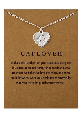 Cat Lover Heart Paw Print Necklace   Silver Pendant Jewelry Gift for Cat Owners 