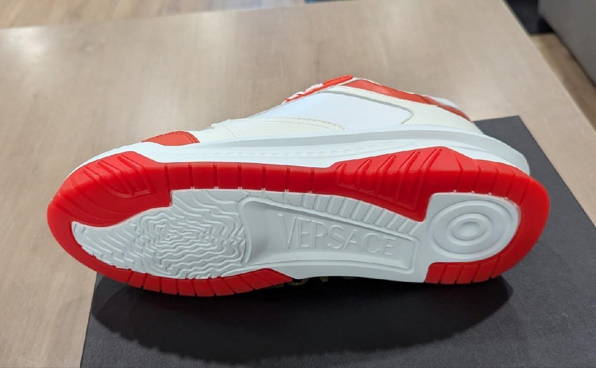 $925 VERSACE Odissea Leather Low-Top Sneakers White/Coral 45 
