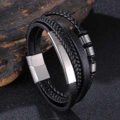 Herren Armband Lederarmband 21 CM 2 Farbe Schwarz, Silber Hochwertiges Material