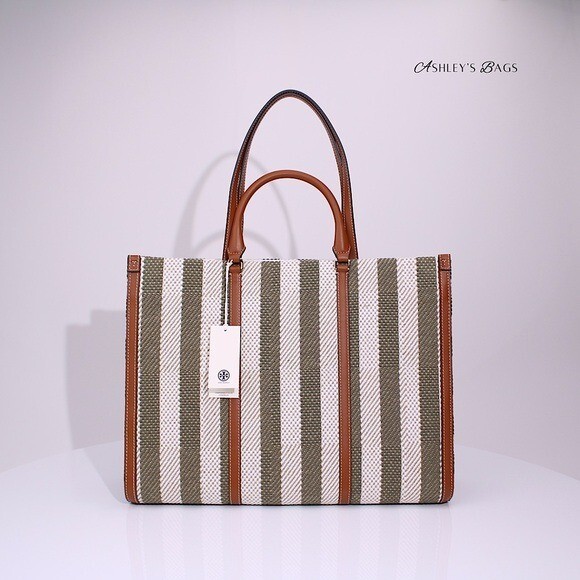 Tory Burch Blake Jumbo Striped Tote In Grove Green | eBay