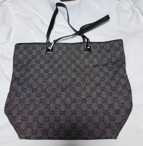 GUCCI GG Black Gray Canvas Leather Silver Hardware Tote Bag