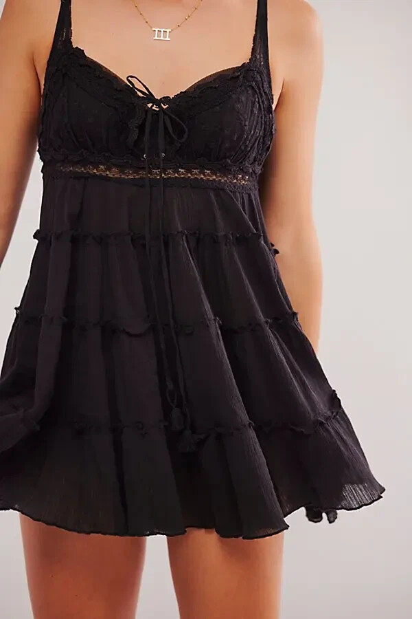 free people sunsetter mini dress Free People Intimately Sunsetter Mini Slip Black Tiered Scoop Neck Lace  Dress M