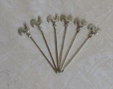 Set of Six Cocktail Sticks with Roosters Finals on Hilts and Spear Shaped Tips