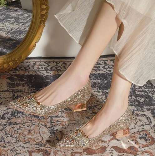 Women Pointed Toe Glitter Bridal Wedding Shoes Sequins Rhinestone 3cm Heels Pump - Picture 5 of 12