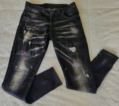 Dsquared2 Black Slim Jean Distressed Paint Splatter Button Fly Size 42 Italy