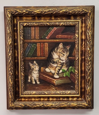 #ad Lovely Framed Oil on Board Cat#x27;s in the Library Nicely Framed Unsigned $125.00