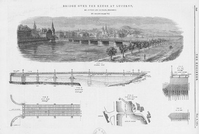 LUZERN Schweiz Brücke über die Reuss 2 x antike technische Drucke 1874