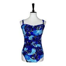 Robby Len One Piece Swimsuit Shirred Waist Slimming Blue Paisley Women s Size 14