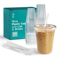 - 16 oz - 100 Sets - Clear Plastic Cups with Lids and Straws   Disposable Ice...
