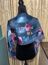 Vintage 90s Satin Floral Scarf Teal Blue Magenta Rose Wrap Chiffon Shadow Stripe