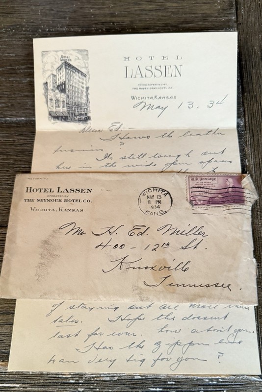 Vintage 1934 Hotel Lassen Letter And Envelope Wichita KS