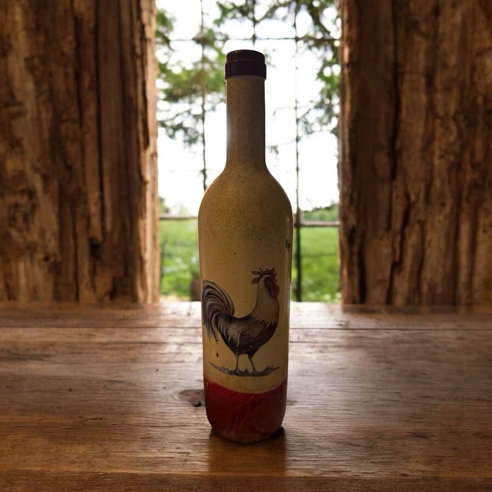 Juego de 3 botellas de vino decoupaged pintadas a mano - diseño de gallo y pollo Foto 4 de 4