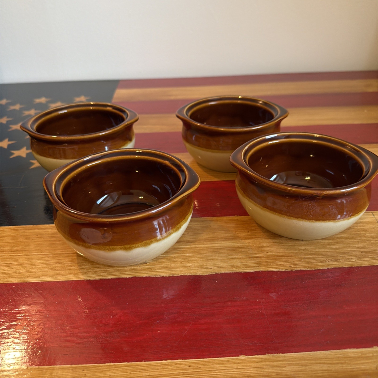 Monmouth Pottery Maple Leaf USA  Brown French Onion Soup Bowls LOT OF 4