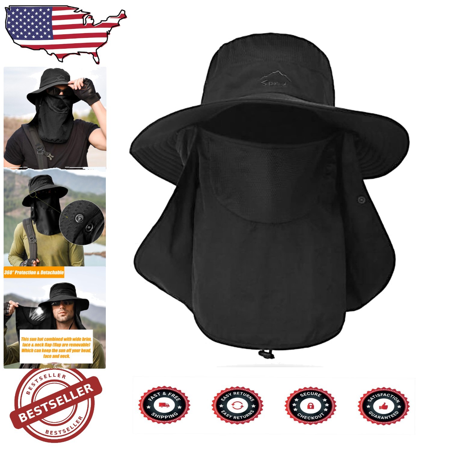 Lightweight Sun Hat for Men & Women with Detachable Neck Flap & Face Cover