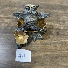 VTG Pewter Owl Figurine Gold Leaf Trim Ricker 1990 Made In USA