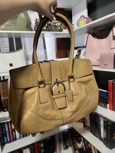 Coach LG Burnished Caramel Tan Leather Soho Buckle Flap Tote Bag Purse Satchel