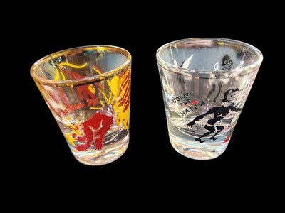 Vintage Bottoms Up & Down The Hatch Retro shot glasses bar barware MCM