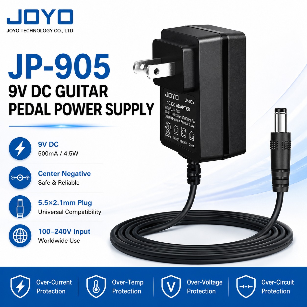 JOYO JP-905 9V DC 500mA Guitar Pedal Power Supply Center Negative 5.5x2.1mm