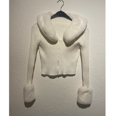 Weiße Strickjacke mit Kunstfellbesatz, Knopfleiste, Größe S, Damen, Langarm