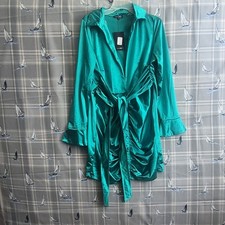 Zara Green Satin Shirt Dress Ruched Tie Waist Collared Long Sleeve Short M